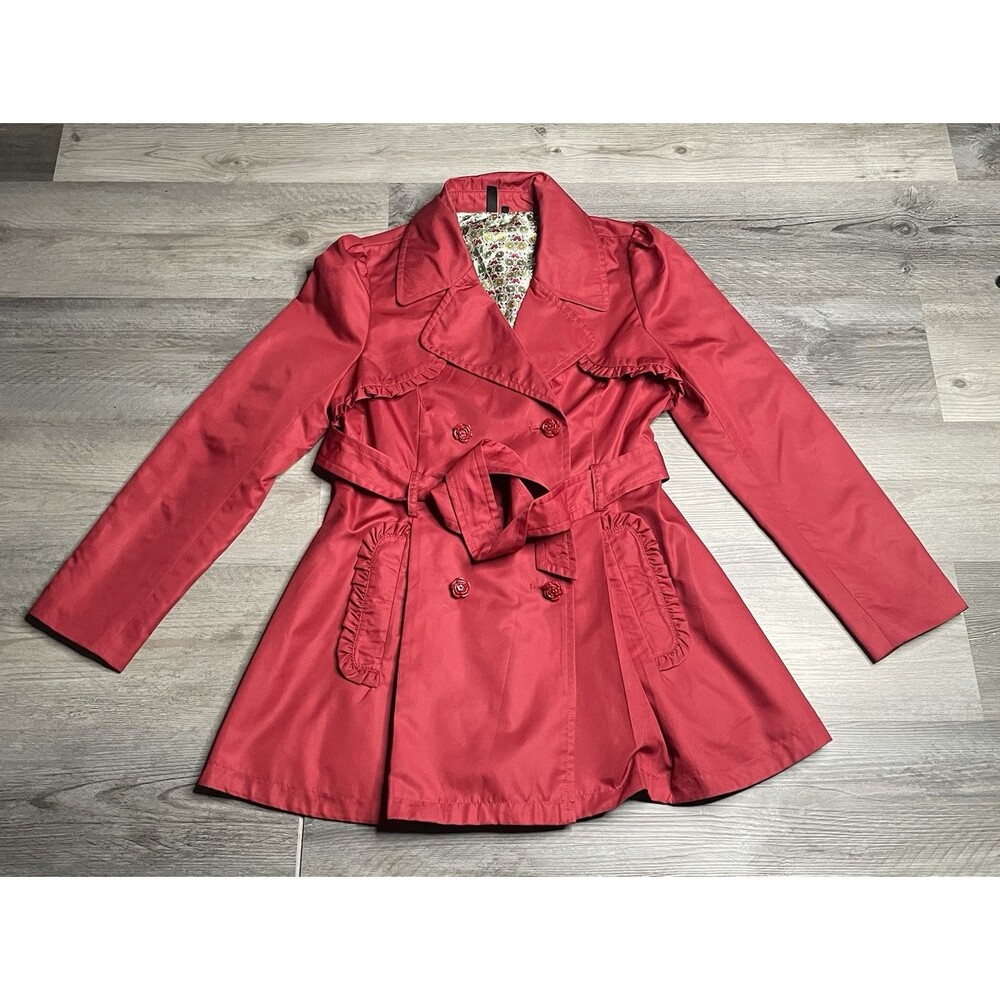 Ambition Red Ruffle Trench Coat Jacket Rose Flower Buttons Floral Lining Size M